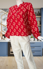 Red Floral Jaipur Cotton Long Sleeve Short Kurti Top. Pure Versatile Cotton. | Laces and Frills - Laces and Frills