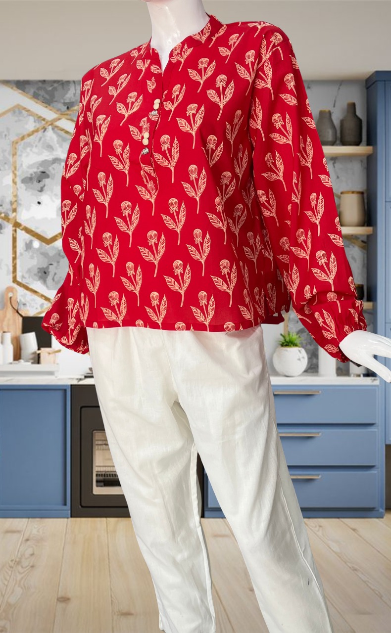 Red Floral Jaipur Cotton Long Sleeve Short Kurti Top. Pure Versatile Cotton. | Laces and Frills - Laces and Frills