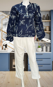 Navy Blue Floral Jaipur Cotton Long Sleeve Short Kurti Top. Pure Versatile Cotton. | Laces and Frills - Laces and Frills