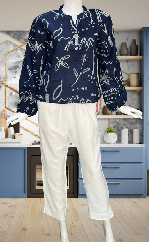 Navy Blue Floral Jaipur Cotton Long Sleeve Short Kurti Top. Pure Versatile Cotton. | Laces and Frills - Laces and Frills