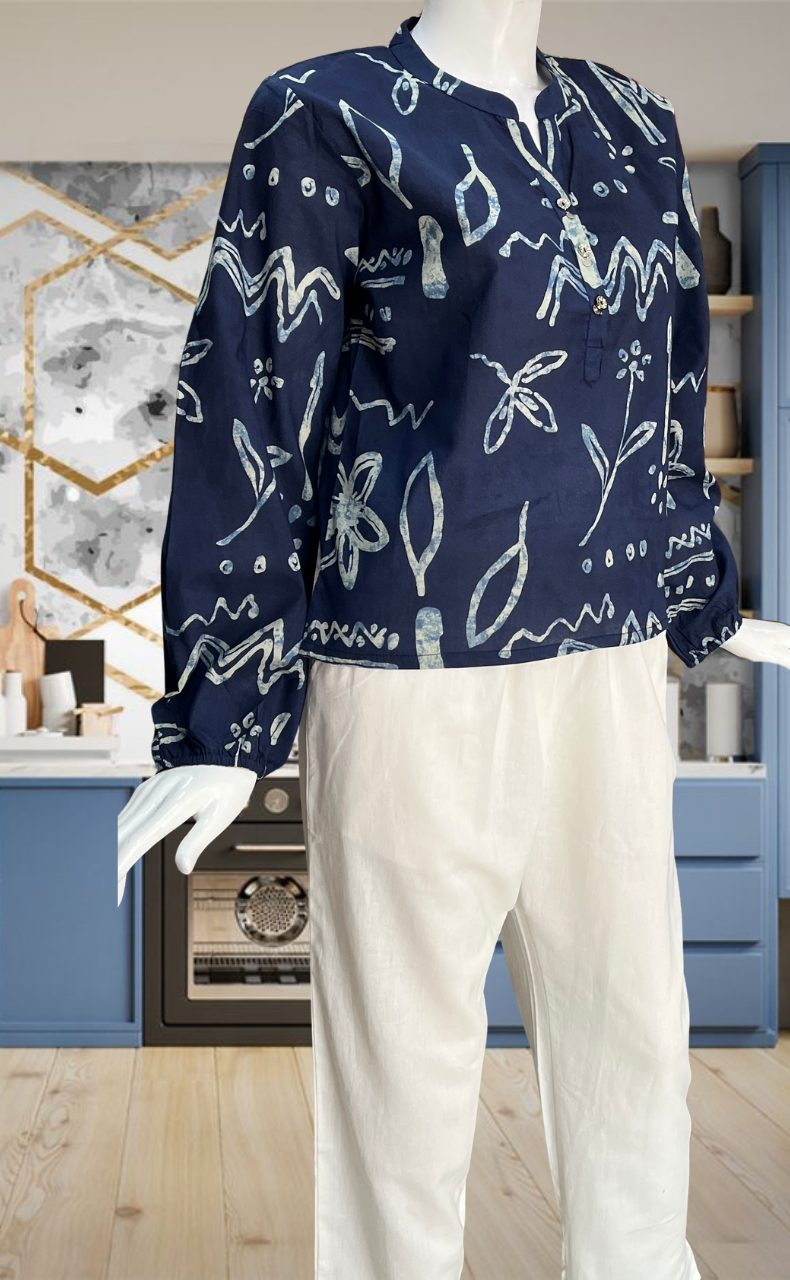 Navy Blue Floral Jaipur Cotton Long Sleeve Short Kurti Top. Pure Versatile Cotton. | Laces and Frills - Laces and Frills