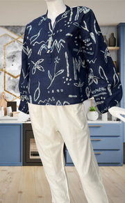 Navy Blue Floral Jaipur Cotton Long Sleeve Short Kurti Top. Pure Versatile Cotton. | Laces and Frills - Laces and Frills