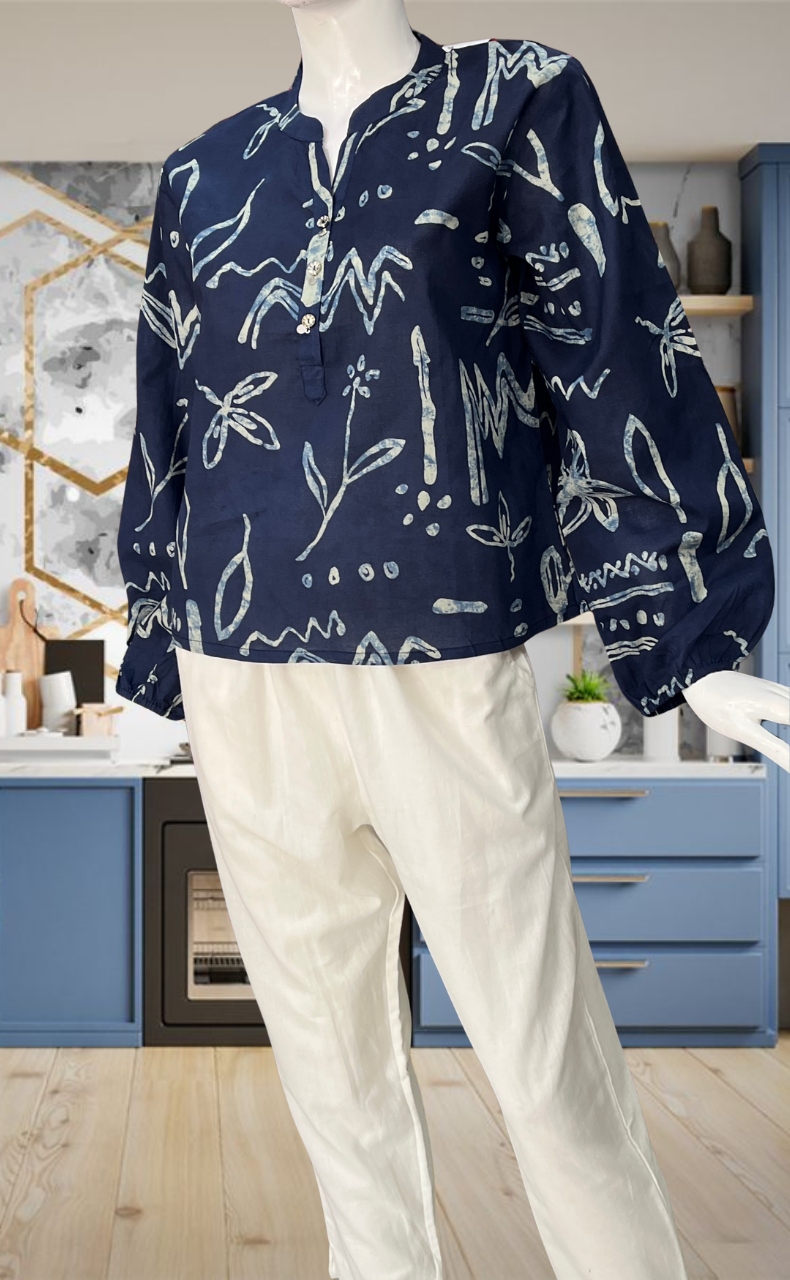 Navy Blue Floral Jaipur Cotton Long Sleeve Short Kurti Top. Pure Versatile Cotton. | Laces and Frills - Laces and Frills