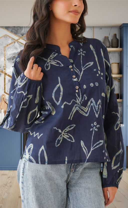 Navy Blue Floral Jaipur Cotton Long Sleeve Short Kurti Top. Pure Versatile Cotton. | Laces and Frills - Laces and Frills