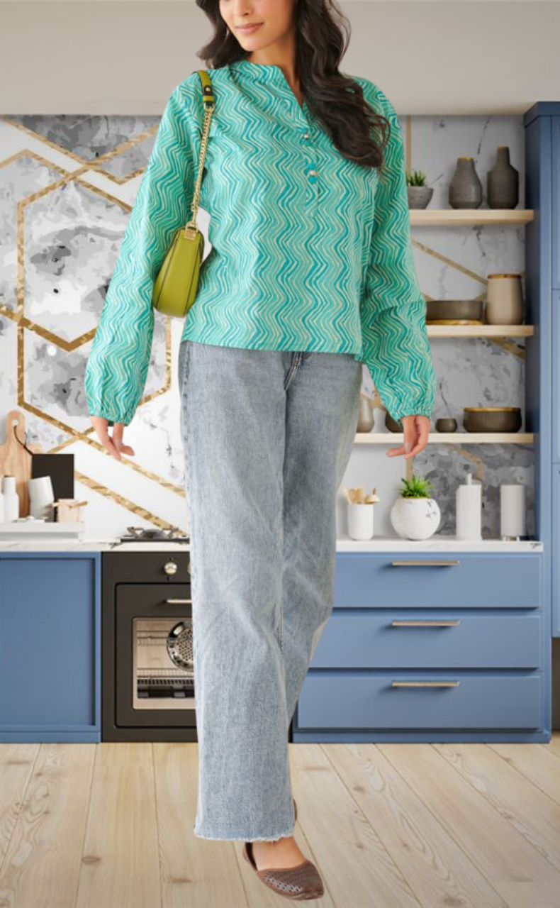 Sea Green Abstract Jaipur Cotton Long Sleeve Short Kurti Top. Pure Versatile Cotton. | Laces and Frills - Laces and Frills