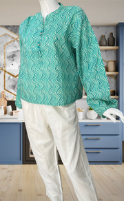 Sea Green Abstract Jaipur Cotton Long Sleeve Short Kurti Top. Pure Versatile Cotton. | Laces and Frills - Laces and Frills