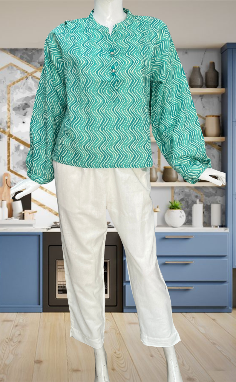 Sea Green Abstract Jaipur Cotton Long Sleeve Short Kurti Top. Pure Versatile Cotton. | Laces and Frills - Laces and Frills