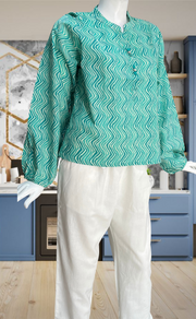Sea Green Abstract Jaipur Cotton Long Sleeve Short Kurti Top. Pure Versatile Cotton. | Laces and Frills - Laces and Frills