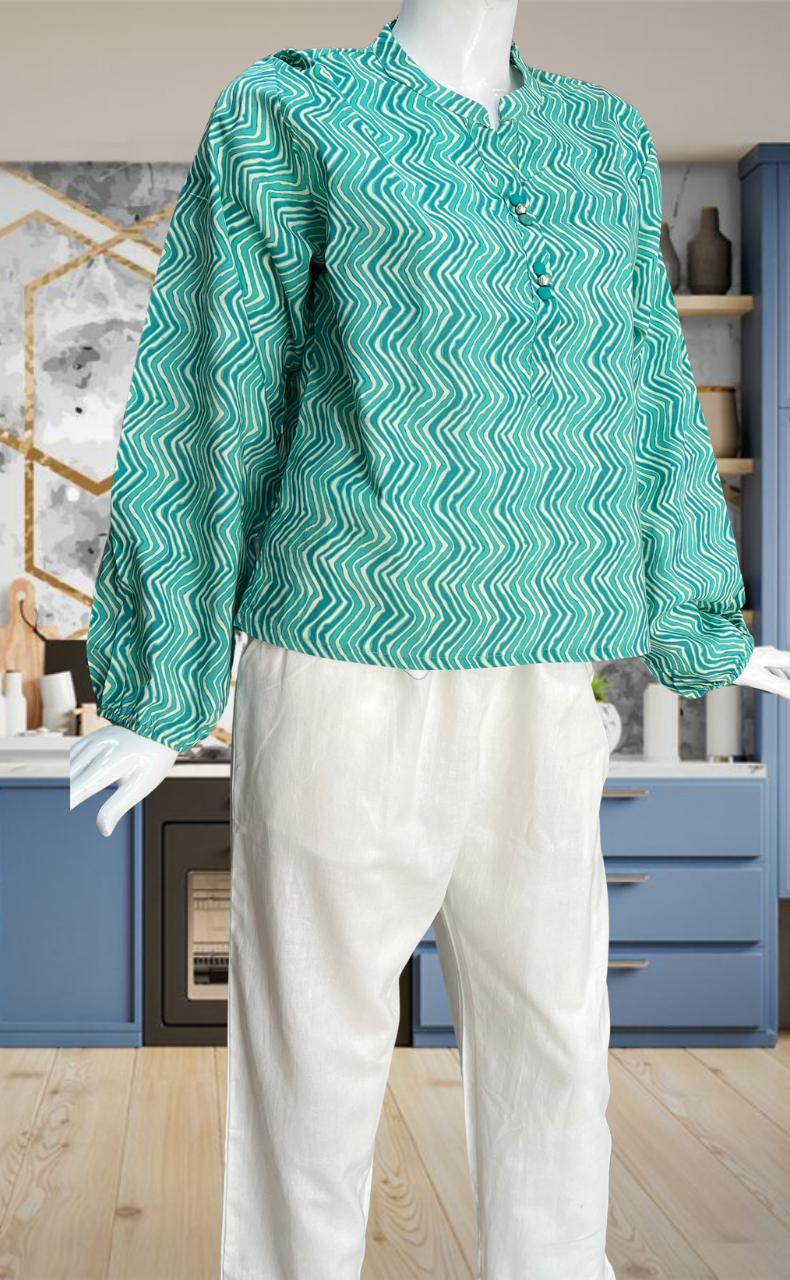 Sea Green Abstract Jaipur Cotton Long Sleeve Short Kurti Top. Pure Versatile Cotton. | Laces and Frills - Laces and Frills