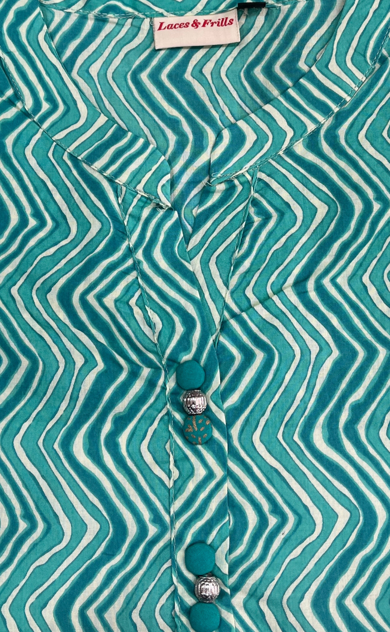 Sea Green Abstract Jaipur Cotton Long Sleeve Short Kurti Top. Pure Versatile Cotton. | Laces and Frills - Laces and Frills