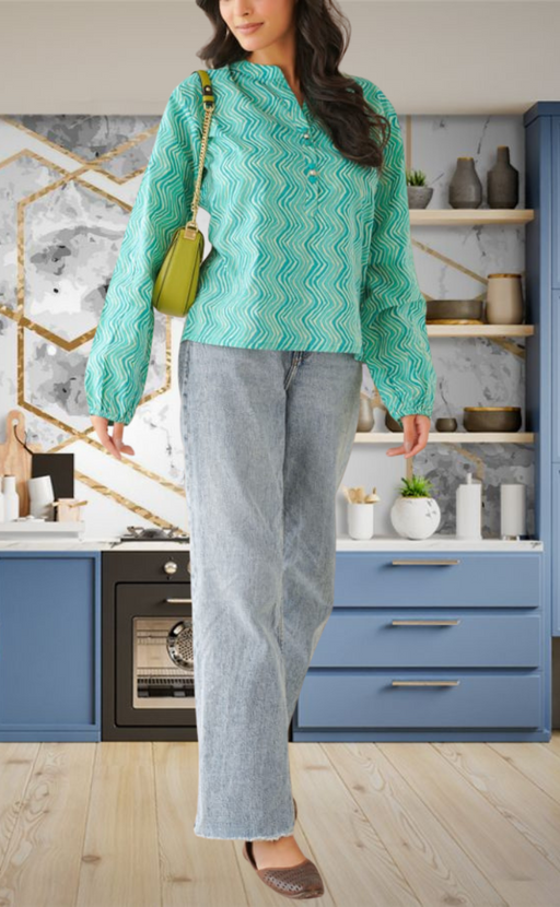 Sea Green Abstract Jaipur Cotton Long Sleeve Short Kurti Top. Pure Versatile Cotton. | Laces and Frills - Laces and Frills