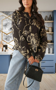 Black Floral Jaipur Cotton Long Sleeve Short Kurti Top. Pure Versatile Cotton. | Laces and Frills - Laces and Frills