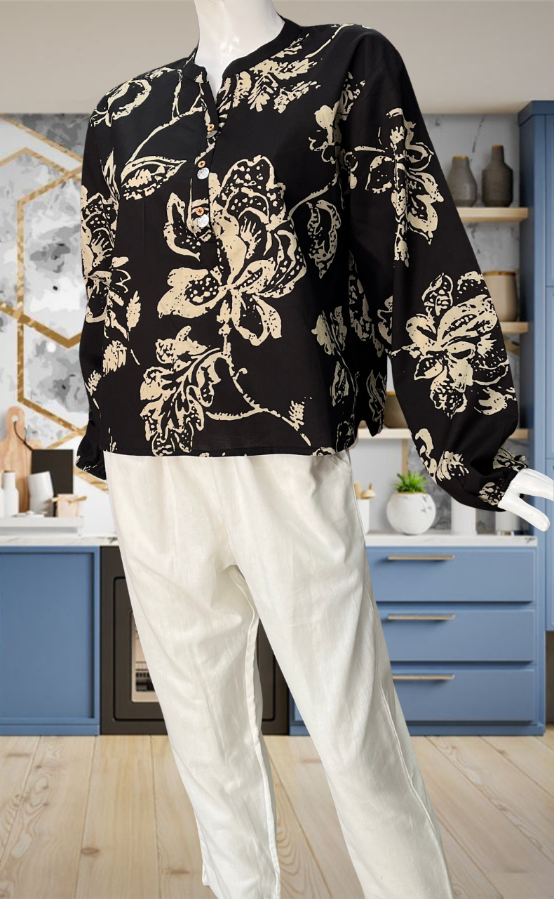 Black Floral Jaipur Cotton Long Sleeve Short Kurti Top. Pure Versatile Cotton. | Laces and Frills - Laces and Frills