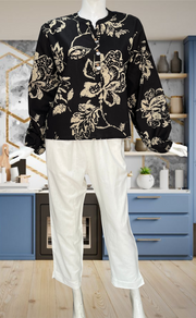 Black Floral Jaipur Cotton Long Sleeve Short Kurti Top. Pure Versatile Cotton. | Laces and Frills - Laces and Frills