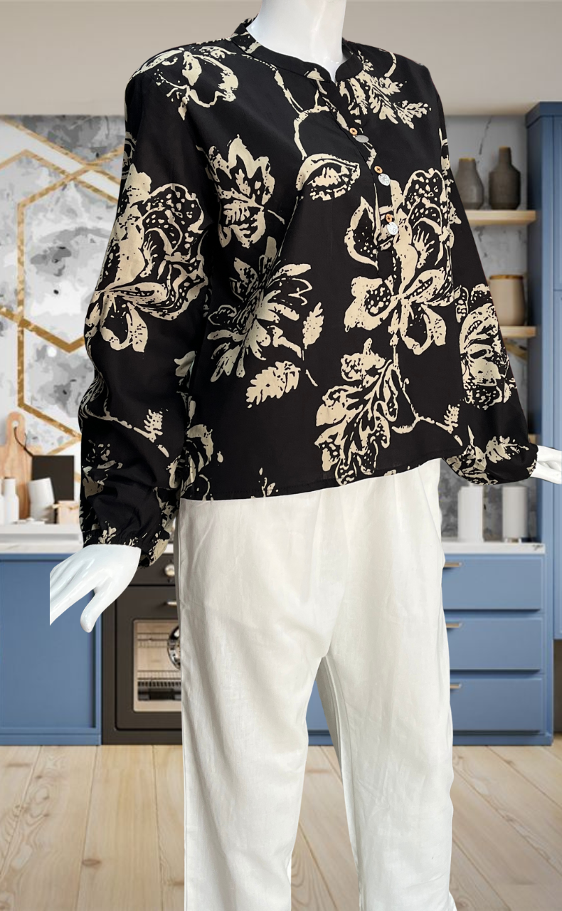 Black Floral Jaipur Cotton Long Sleeve Short Kurti Top. Pure Versatile Cotton. | Laces and Frills - Laces and Frills