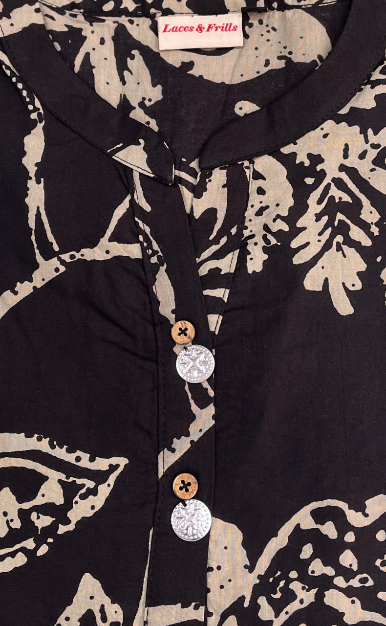 Black Floral Jaipur Cotton Long Sleeve Short Kurti Top. Pure Versatile Cotton. | Laces and Frills - Laces and Frills