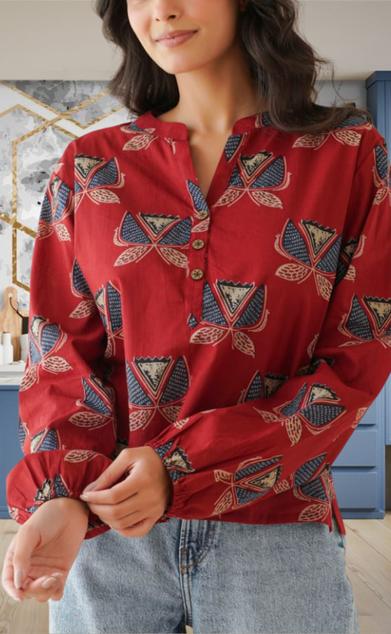 Maroon Flora Jaipur Cotton Long Sleeve Short Kurti Top. Pure Versatile Cotton. | Laces and Frills - Laces and Frills