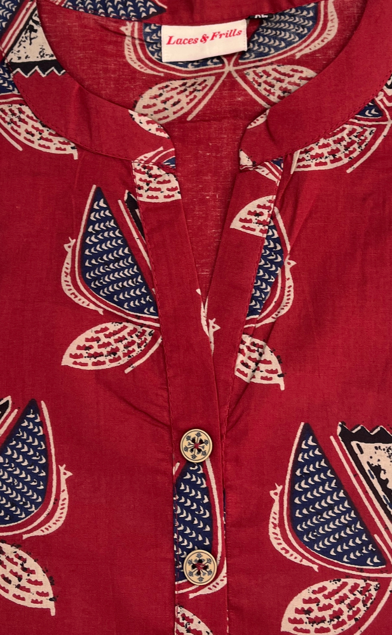 Maroon Flora Jaipur Cotton Long Sleeve Short Kurti Top. Pure Versatile Cotton. | Laces and Frills - Laces and Frills