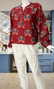 Maroon Flora Jaipur Cotton Long Sleeve Short Kurti Top. Pure Versatile Cotton. | Laces and Frills - Laces and Frills