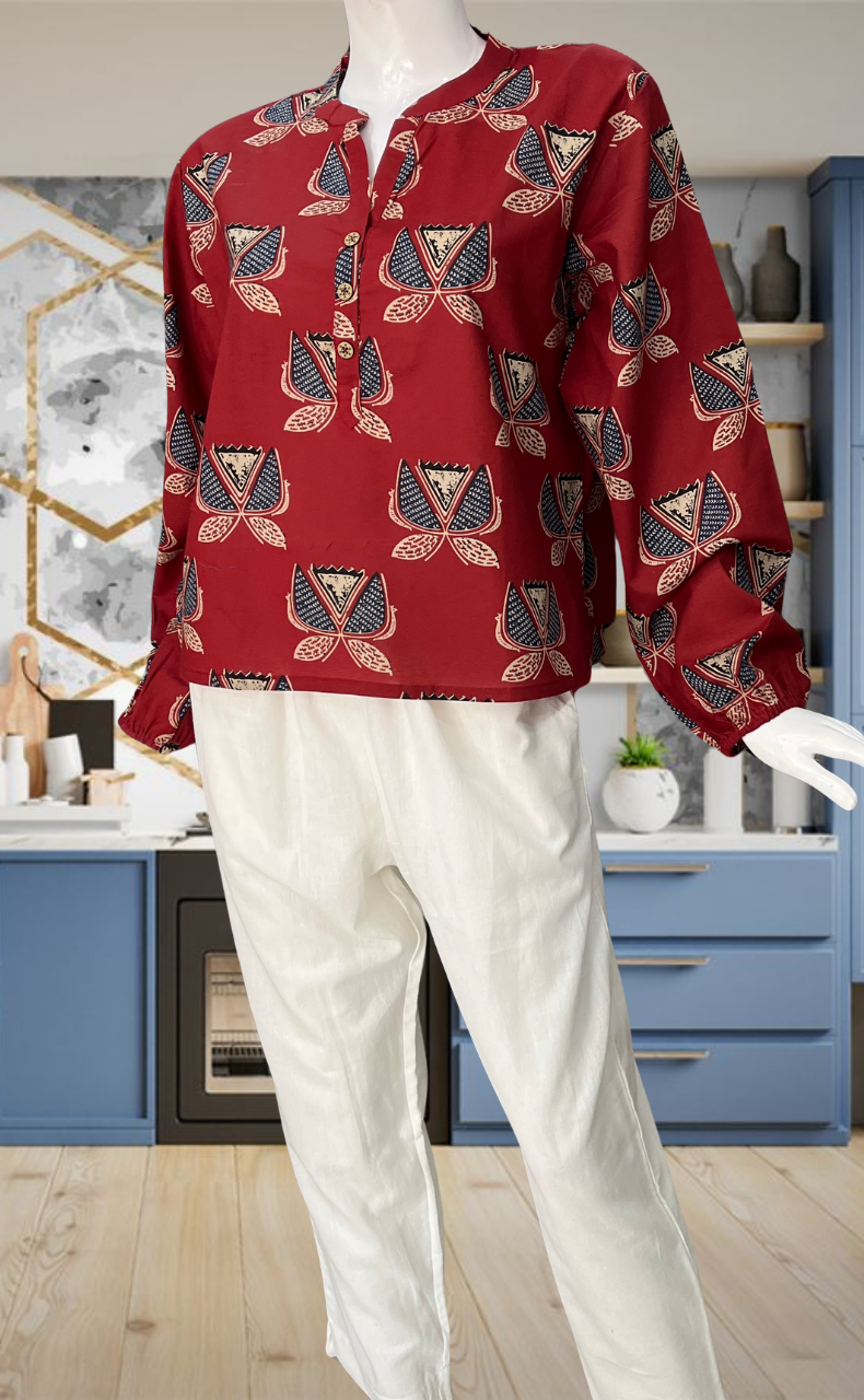 Maroon Flora Jaipur Cotton Long Sleeve Short Kurti Top. Pure Versatile Cotton. | Laces and Frills - Laces and Frills