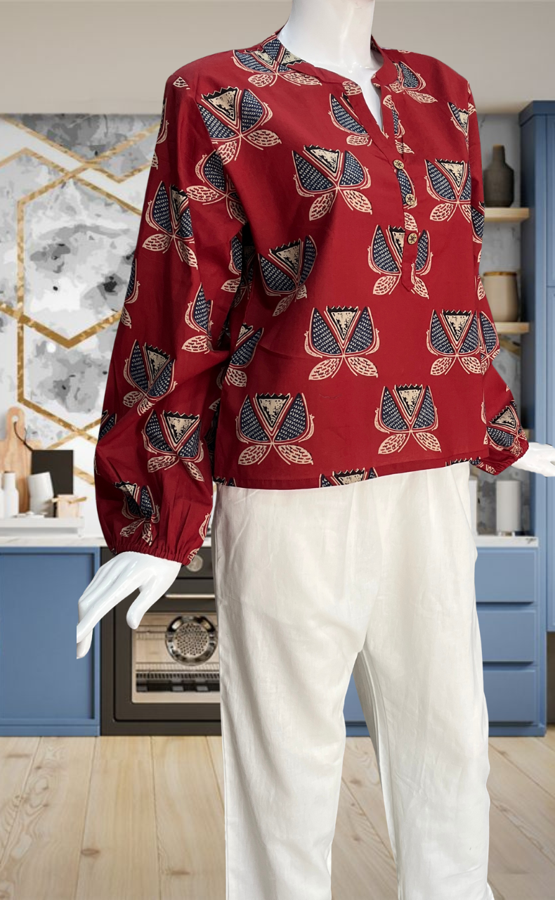 Maroon Flora Jaipur Cotton Long Sleeve Short Kurti Top. Pure Versatile Cotton. | Laces and Frills - Laces and Frills