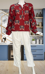 Maroon Flora Jaipur Cotton Long Sleeve Short Kurti Top. Pure Versatile Cotton. | Laces and Frills - Laces and Frills