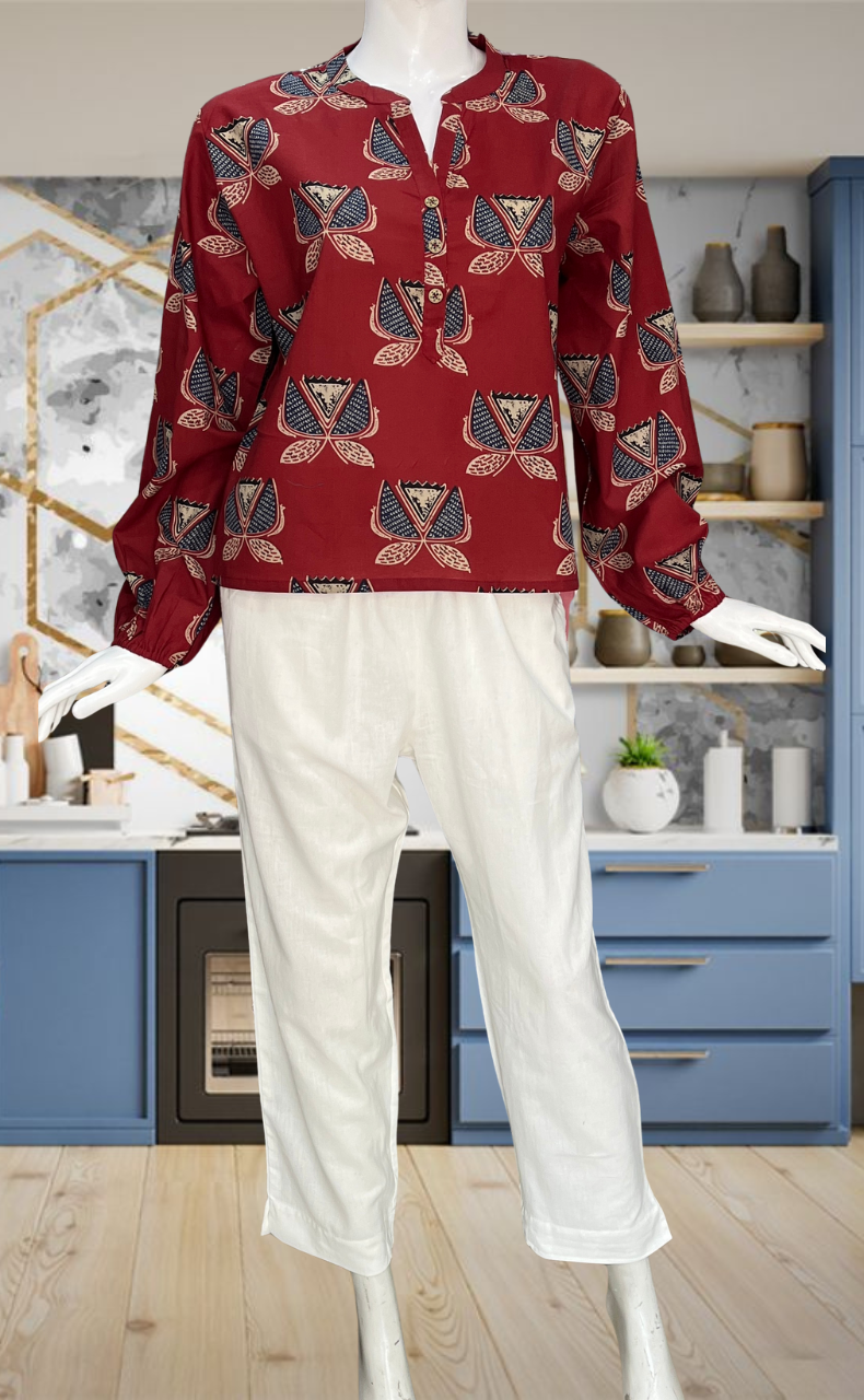 Maroon Flora Jaipur Cotton Long Sleeve Short Kurti Top. Pure Versatile Cotton. | Laces and Frills - Laces and Frills