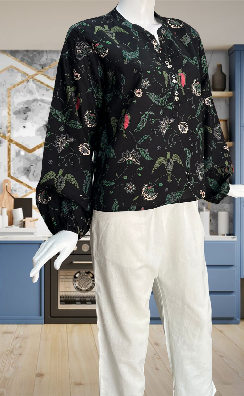 Black Garden Jaipur Cotton Long Sleeve Short Kurti Top. Pure Versatile Cotton. | Laces and Frills - Laces and Frills