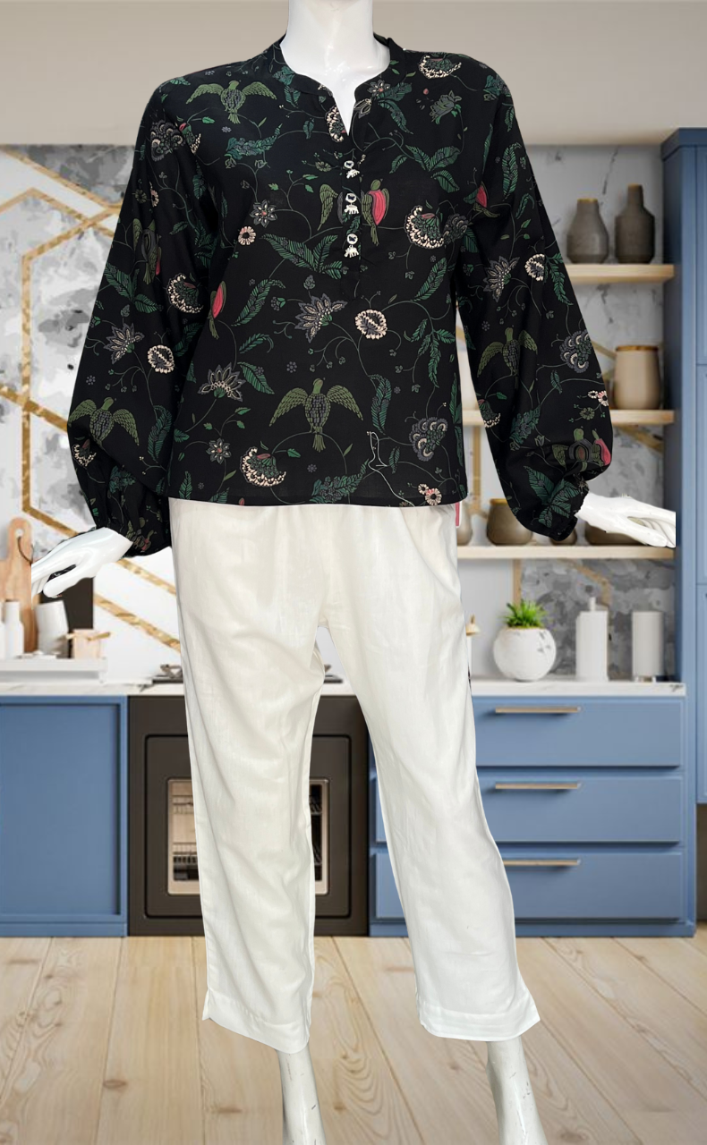 Black Garden Jaipur Cotton Long Sleeve Short Kurti Top. Pure Versatile Cotton. | Laces and Frills - Laces and Frills