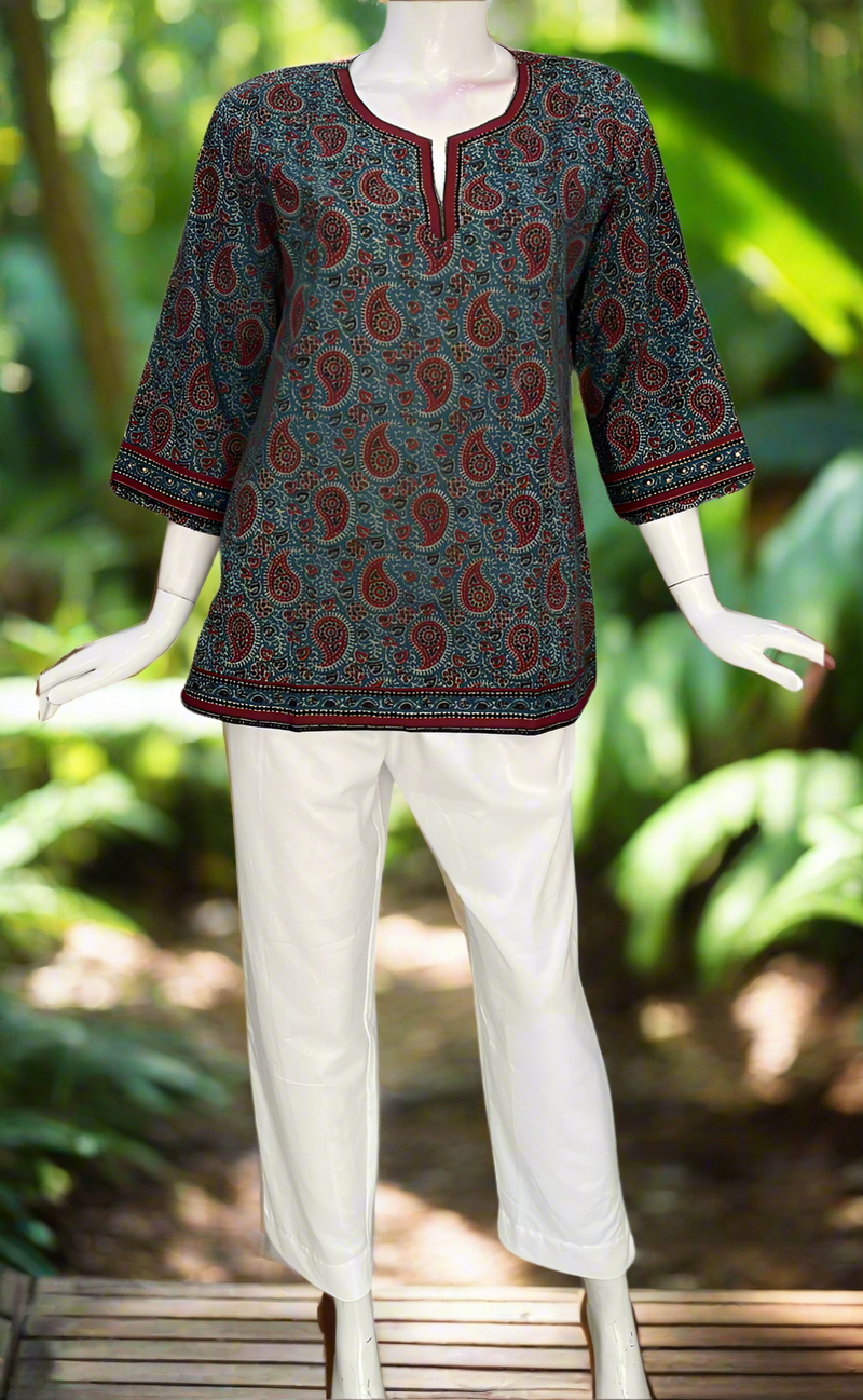 Indigo Blue/Maroon Paisley Print Jaipur Cotton Short Kurti. Pure Versatile Cotton. | Laces and Frills