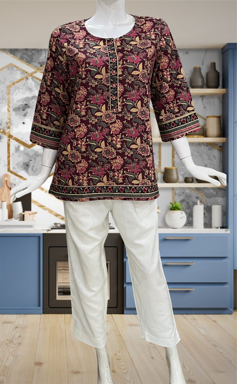 Dark Maroon Garden Jaipur Cotton Short Kurti. Pure Versatile Cotton. | Laces and Frills