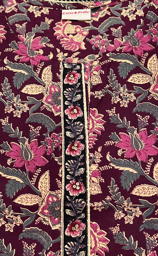 Dark Maroon Garden Jaipur Cotton Short Kurti. Pure Versatile Cotton. | Laces and Frills