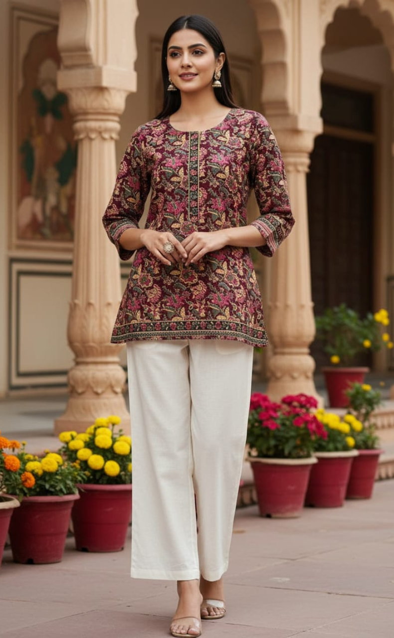 Dark Maroon Garden Jaipur Cotton Short Kurti. Pure Versatile Cotton. | Laces and Frills