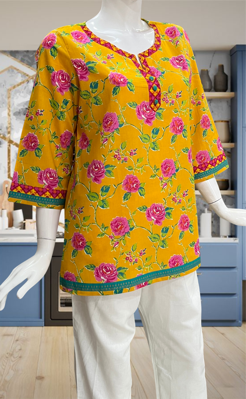 Yellow Garden Jaipur Cotton Short Kurti. Pure Versatile Cotton. | Laces and Frills