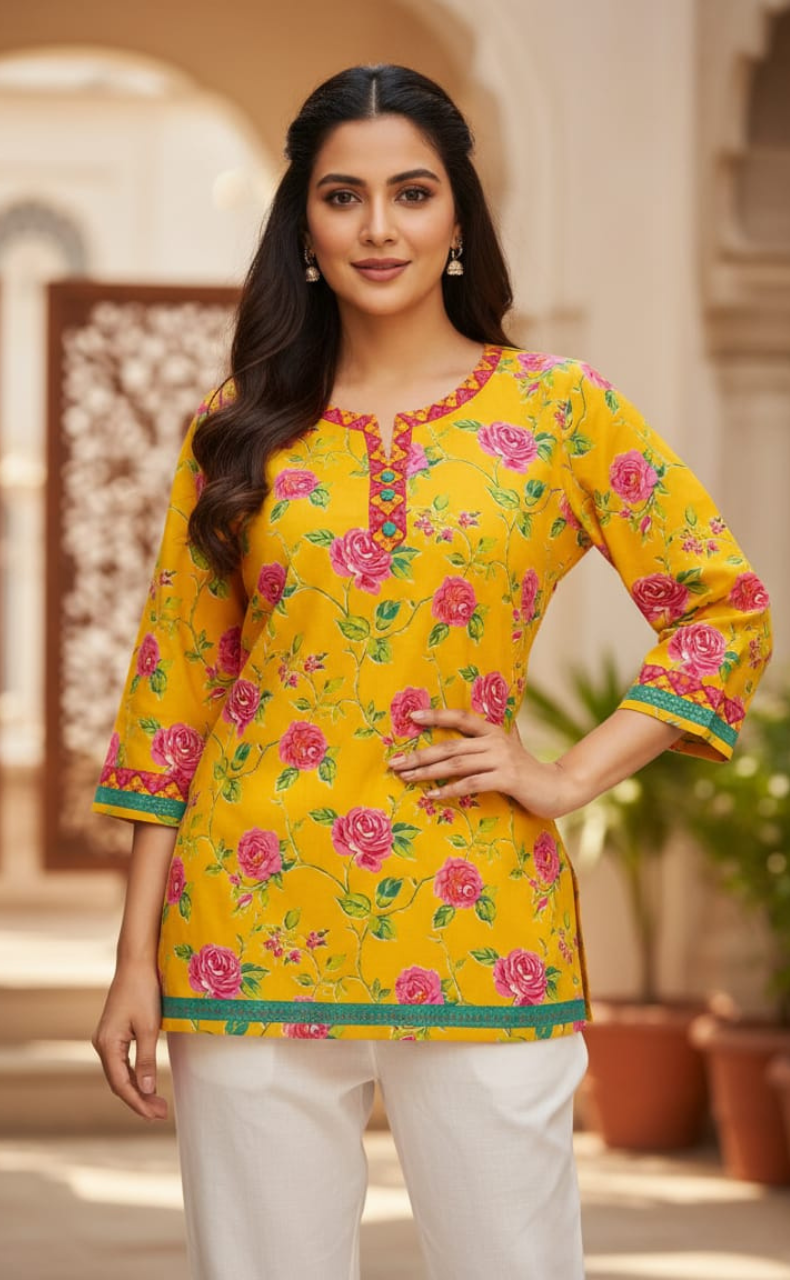 Yellow Garden Jaipur Cotton Short Kurti. Pure Versatile Cotton. | Laces and Frills