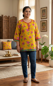 Yellow Garden Jaipur Cotton Short Kurti. Pure Versatile Cotton. | Laces and Frills - Laces and Frills