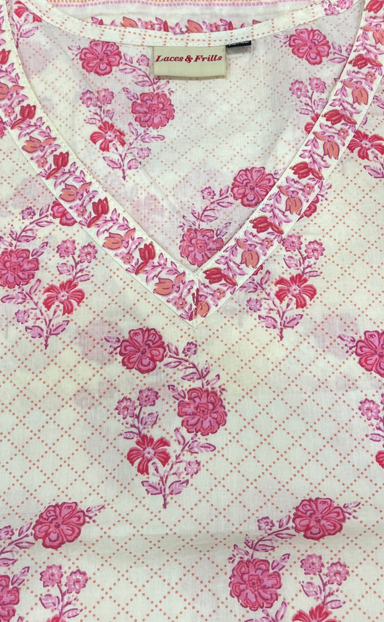 Off White/Pink Flora Jaipur Cotton Short Kurti. Pure Versatile Cotton. | Laces and Frills