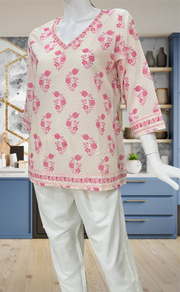Off White/Pink Flora Jaipur Cotton Short Kurti. Pure Versatile Cotton. | Laces and Frills