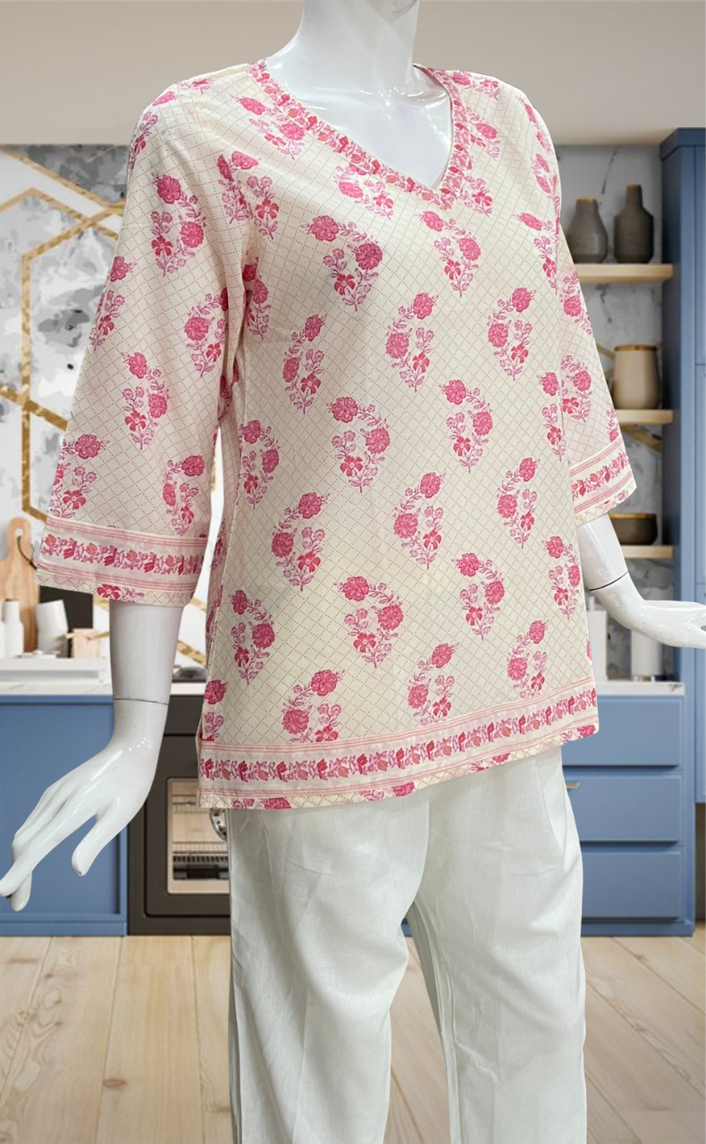 Off White/Pink Flora Jaipur Cotton Short Kurti. Pure Versatile Cotton. | Laces and Frills
