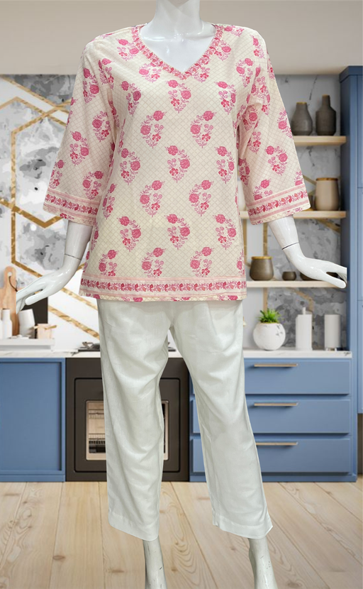 Off White/Pink Flora Jaipur Cotton Short Kurti. Pure Versatile Cotton. | Laces and Frills