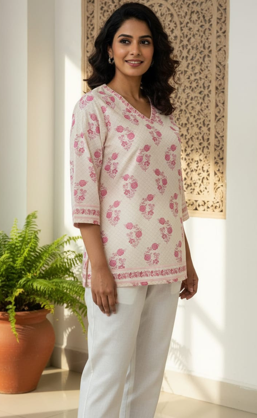 Off White/Pink Flora Jaipur Cotton Short Kurti. Pure Versatile Cotton. | Laces and Frills - Laces and Frills