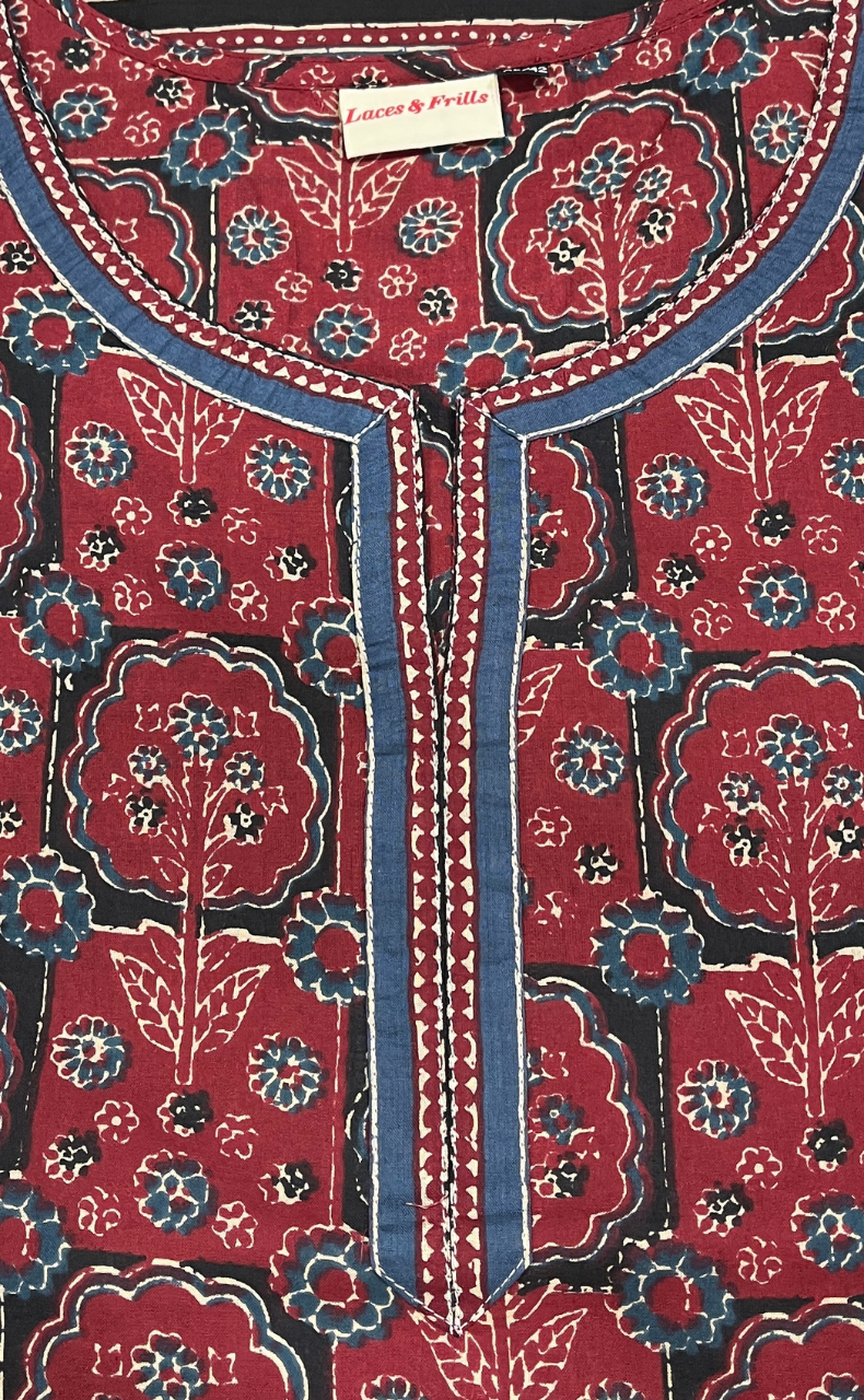 Maroon Flora Jaipur Cotton Short Kurti. Pure Versatile Cotton. | Laces and Frills