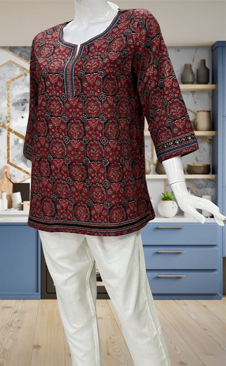 Maroon Flora Jaipur Cotton Short Kurti. Pure Versatile Cotton. | Laces and Frills
