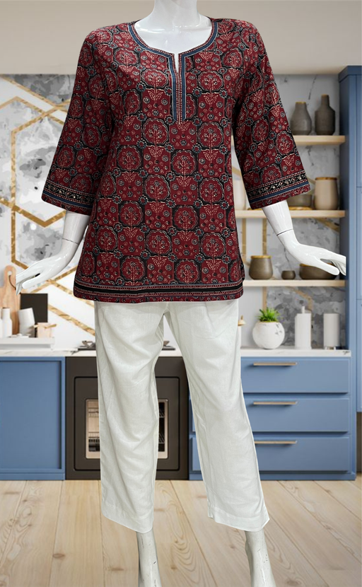 Maroon Flora Jaipur Cotton Short Kurti. Pure Versatile Cotton. | Laces and Frills
