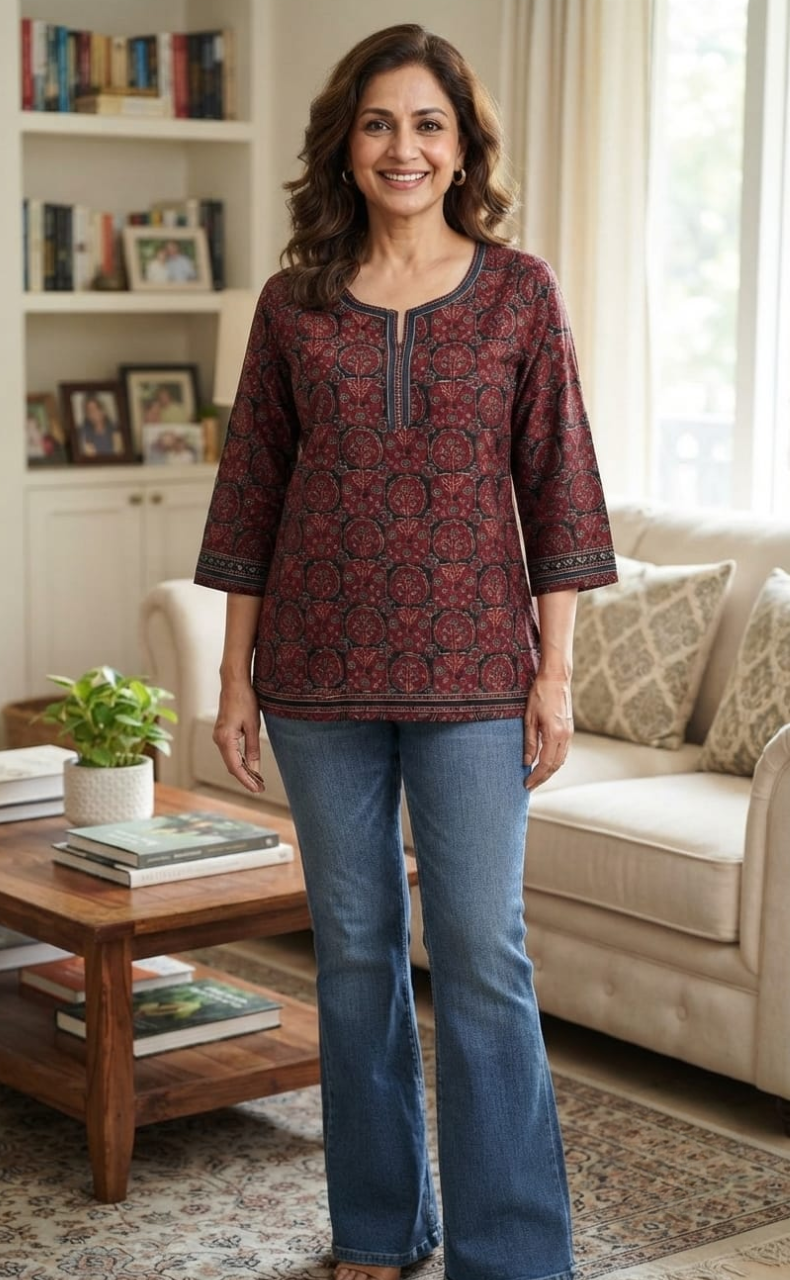 Maroon Flora Jaipur Cotton Short Kurti. Pure Versatile Cotton. | Laces and Frills