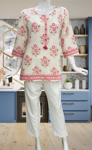 Off White/Pink Flora Jaipur Cotton Short Kurti. Pure Versatile Cotton. | Laces and Frills