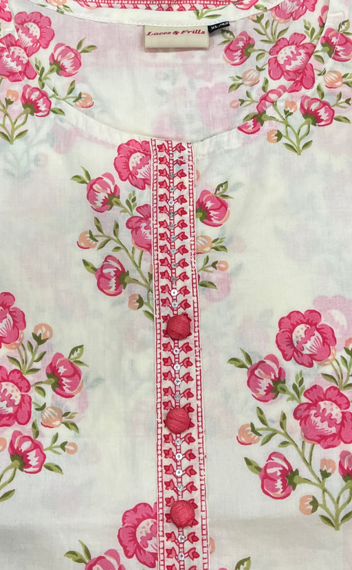 Off White/Pink Flora Jaipur Cotton Short Kurti. Pure Versatile Cotton. | Laces and Frills