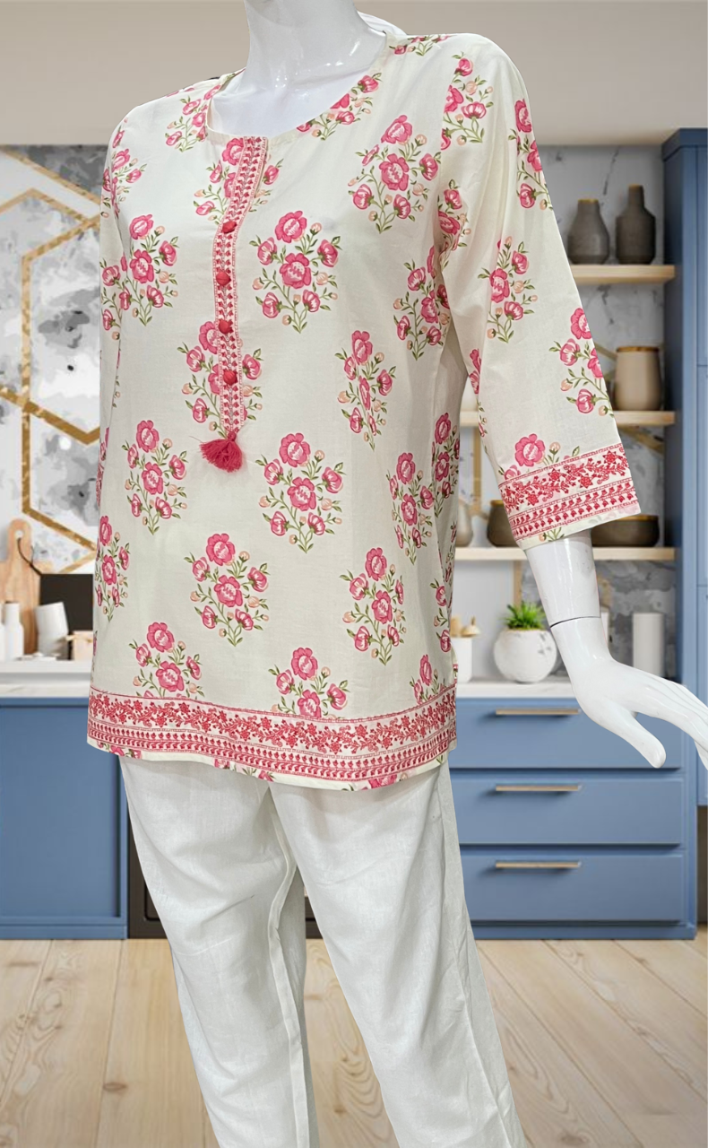 Off White/Pink Flora Jaipur Cotton Short Kurti. Pure Versatile Cotton. | Laces and Frills