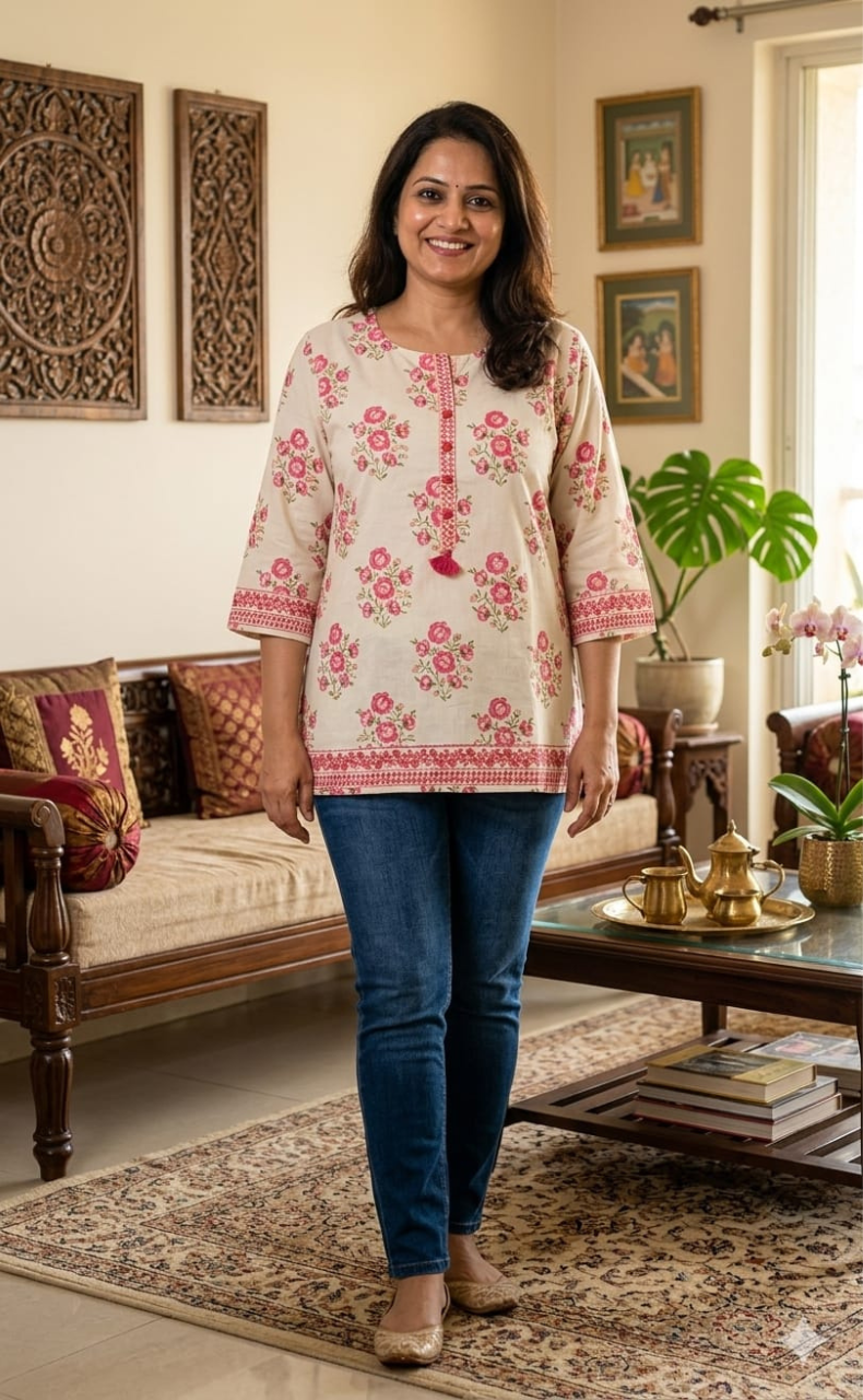 Off White/Pink Flora Jaipur Cotton Short Kurti. Pure Versatile Cotton. | Laces and Frills - Laces and Frills