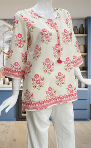 Off White/Pink Flora Jaipur Cotton Short Kurti. Pure Versatile Cotton. | Laces and Frills